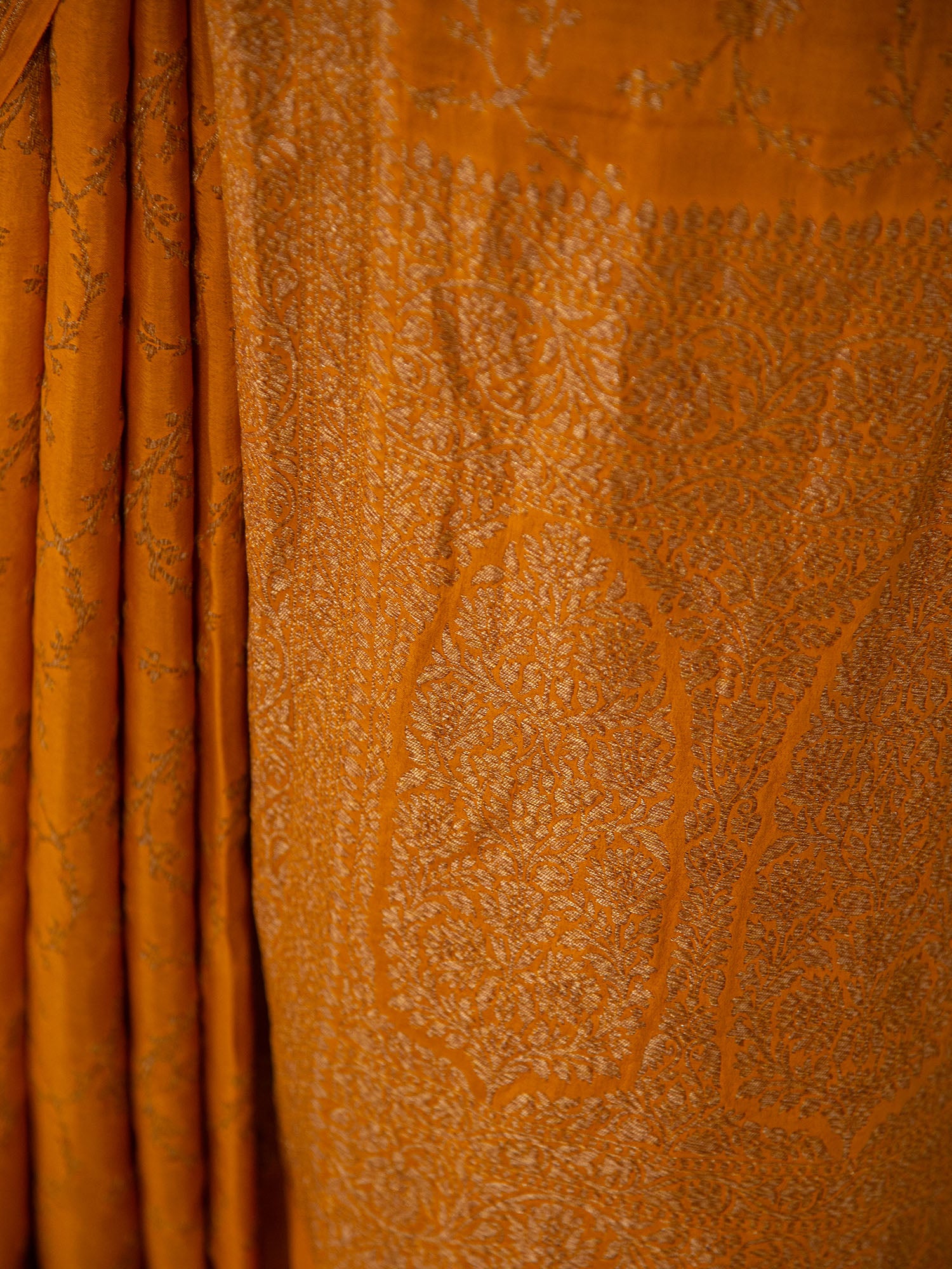 Dark Mustard Jaal Crepe Silk Handloom Banarasi Saree - Sacred Weaves
