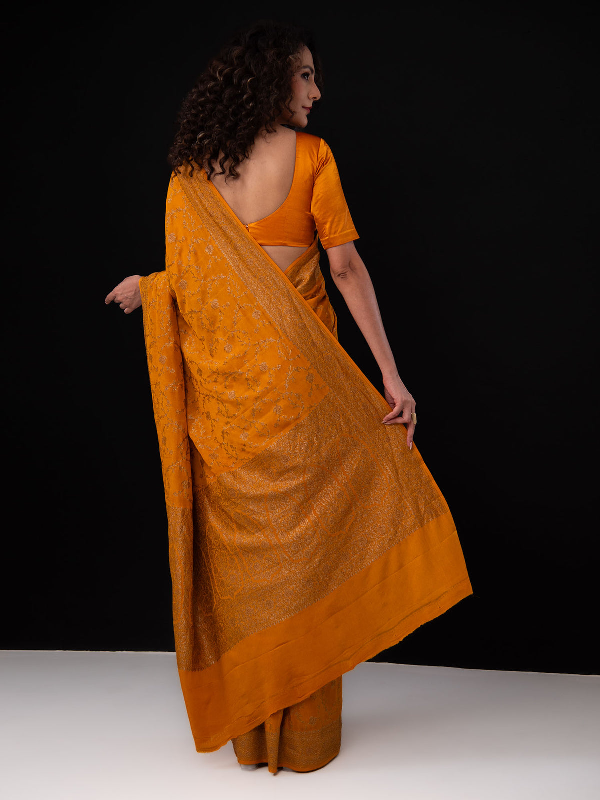 Dark Mustard Jaal Crepe Silk Handloom Banarasi Saree - Sacred Weaves