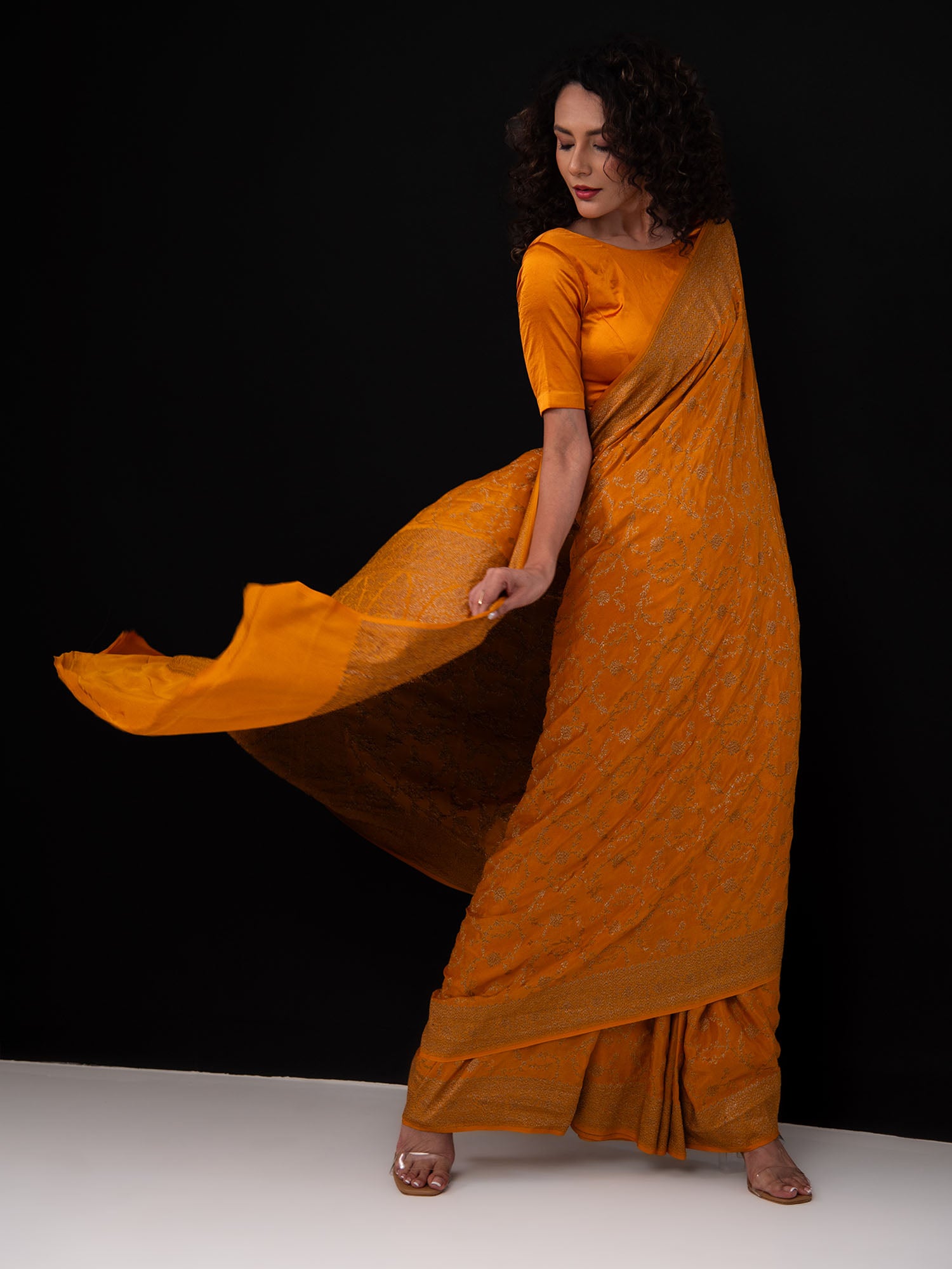 Dark Mustard Jaal Crepe Silk Handloom Banarasi Saree - Sacred Weaves