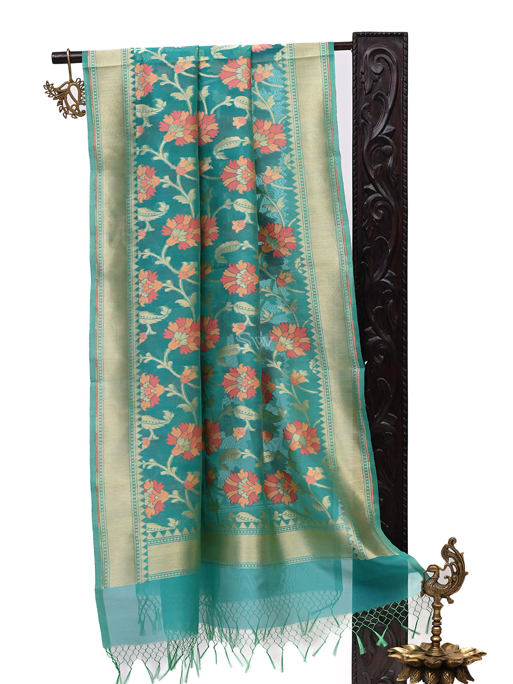 Sea Green Organza Handloom Banarasi Dupatta - Sacred Weaves