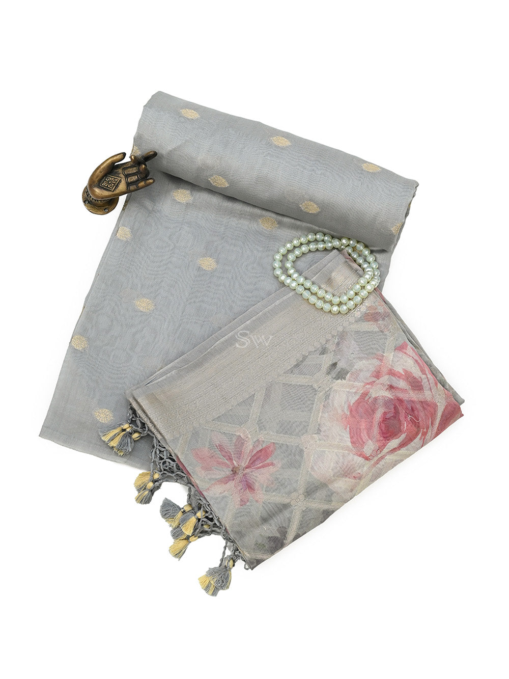 Grey Cotton Silk Handloom Banarasi Suit - Sacred Weaves