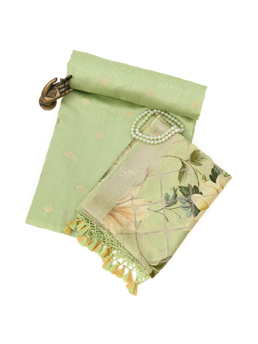 Pista Green Cotton Silk Handloom Banarasi Suit - Sacred Weaves