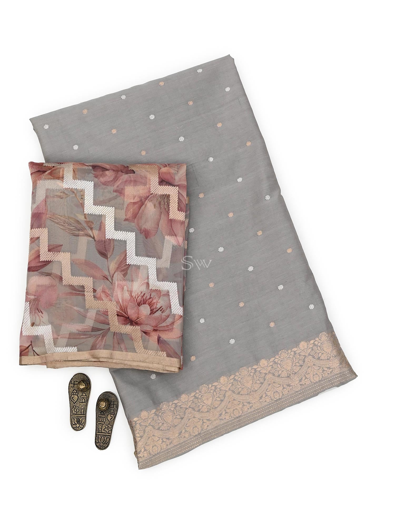 Cloudy Gray Booti Cotton Silk Handloom Banarasi Suit - Sacred Weaves