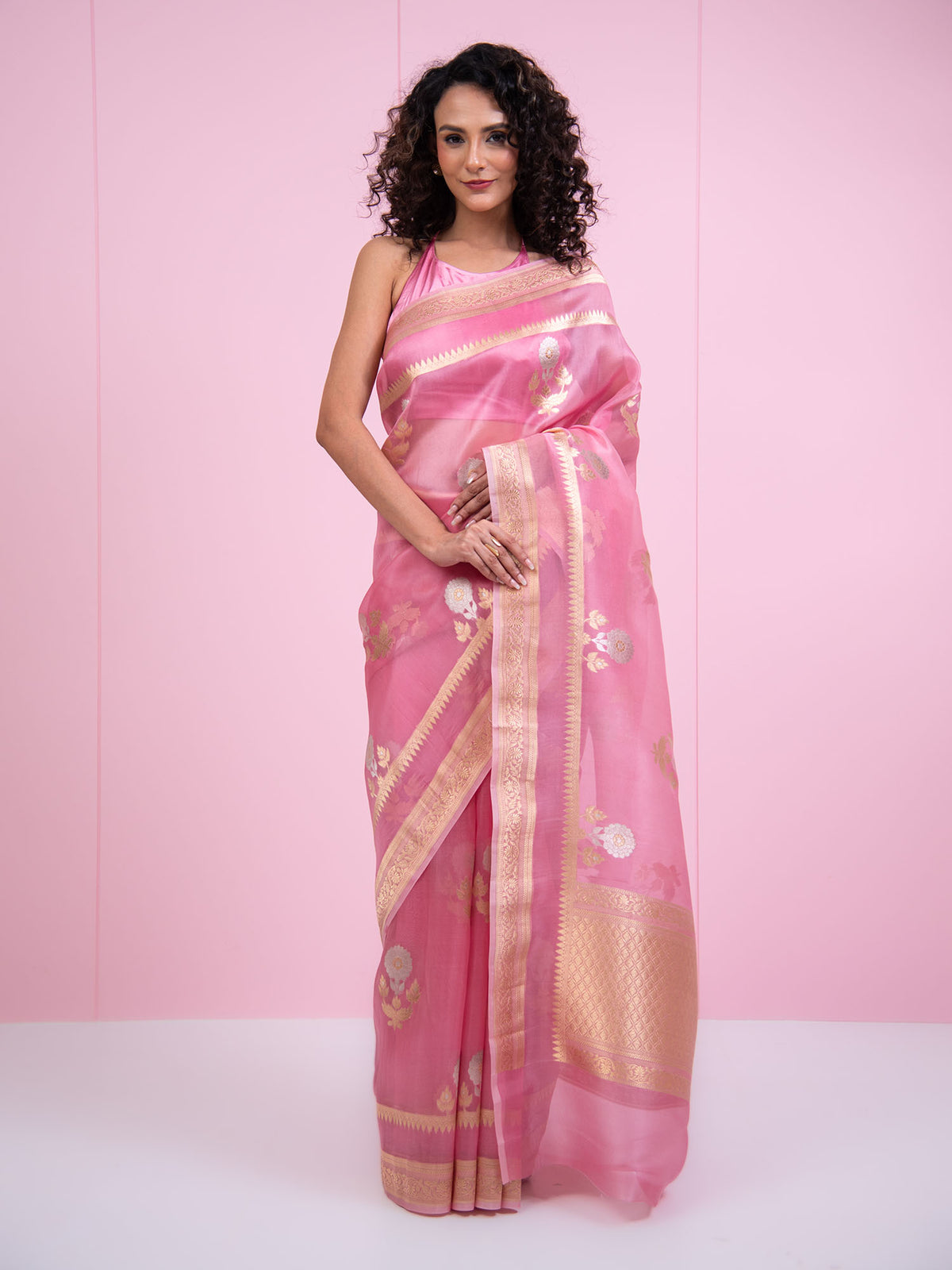 Pastel Pink Boota Organza Handloom Banarasi Saree