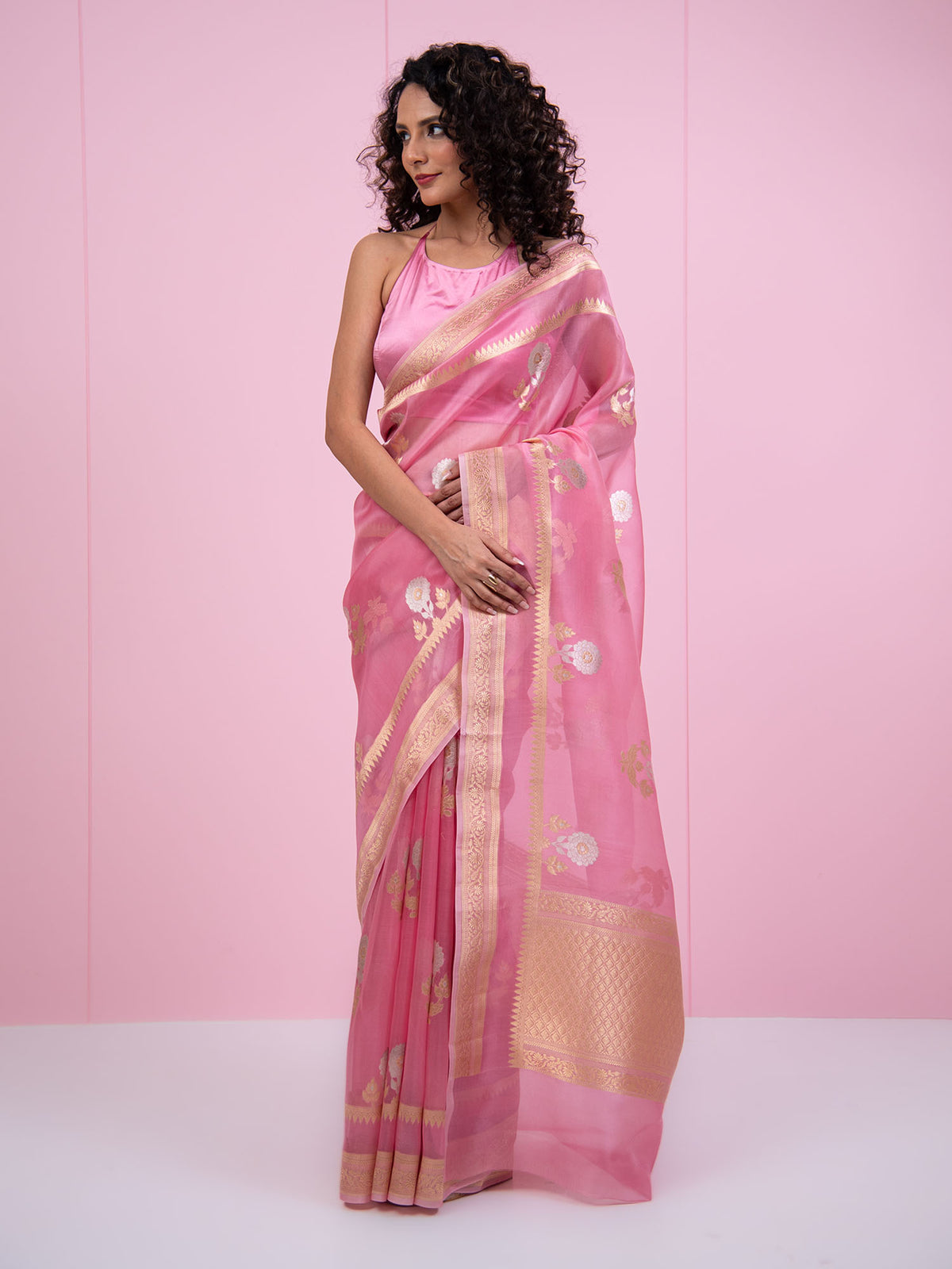 Pastel Pink Boota Organza Handloom Banarasi Saree
