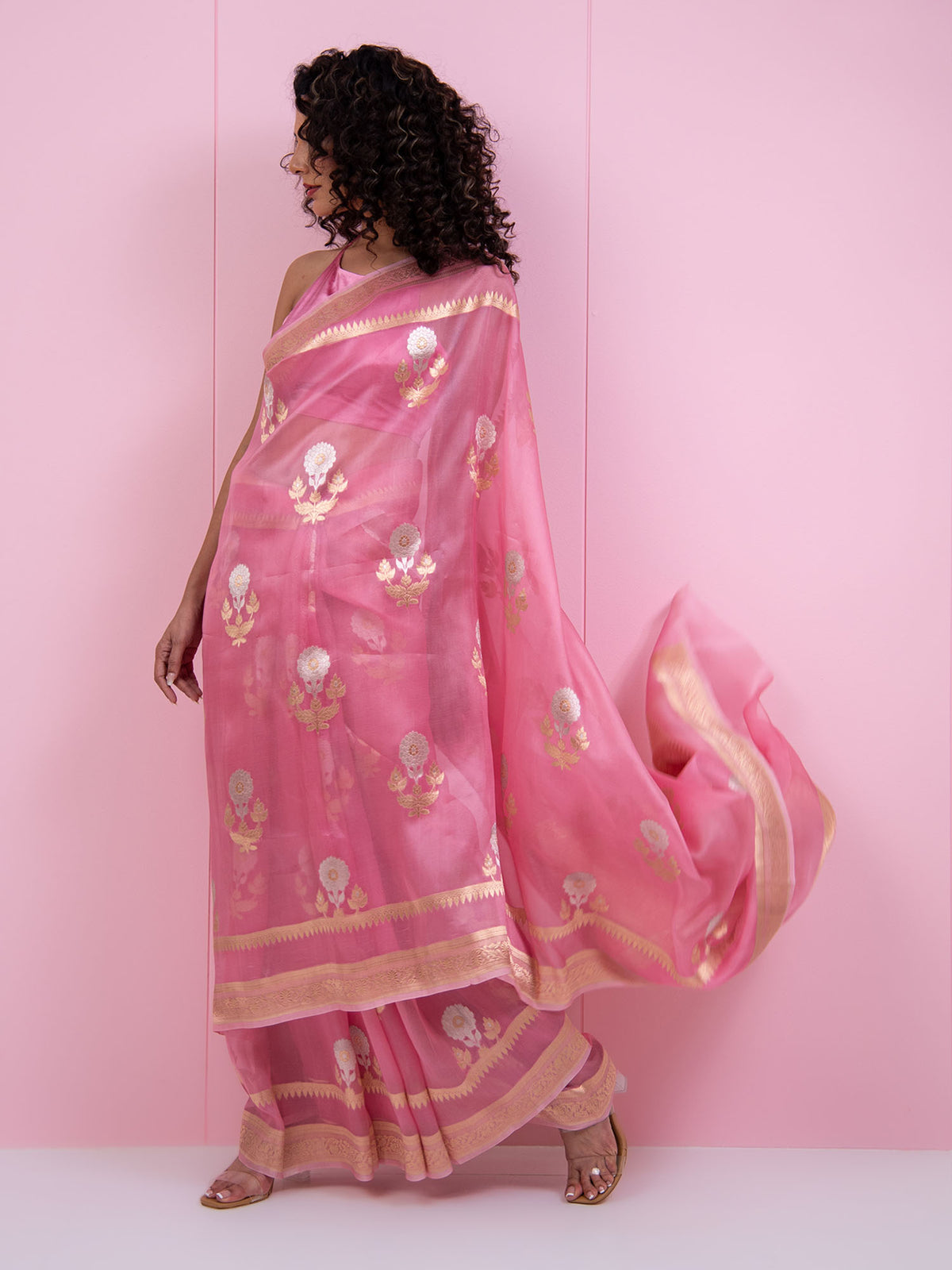 Pastel Pink Boota Organza Handloom Banarasi Saree