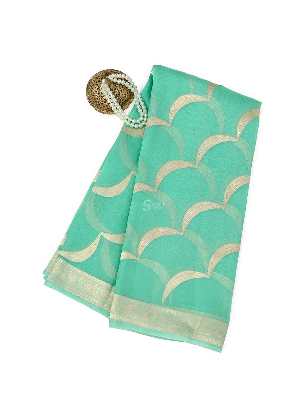 Aqua Green Stripe Organza Handloom Banarasi Saree