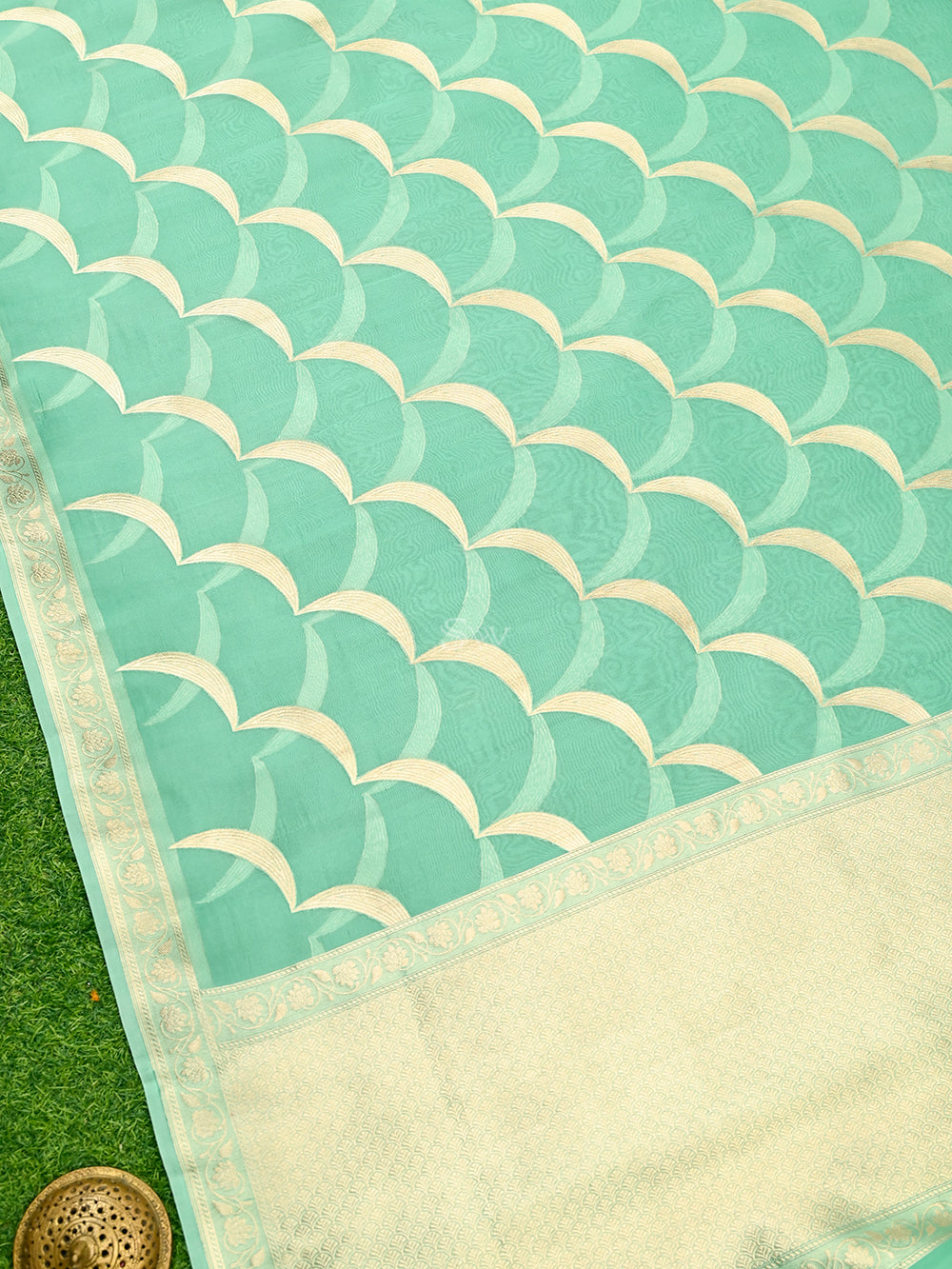 Aqua Green Stripe Organza Handloom Banarasi Saree
