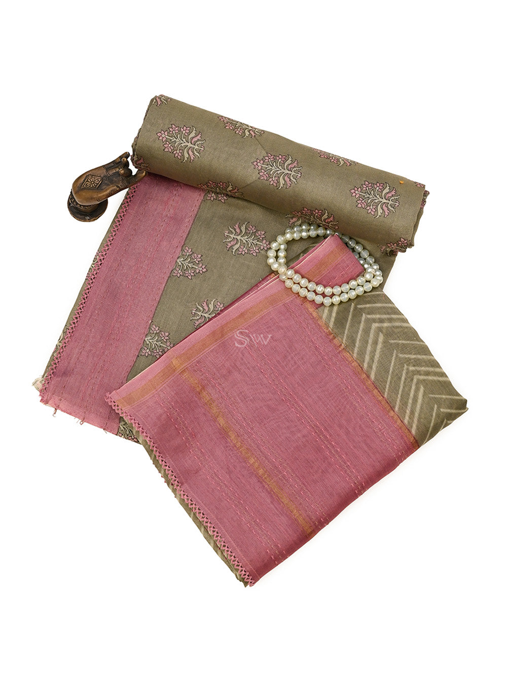 Olive Green Chanderi Silk Handloom Banarasi Suit - Sacred Weaves