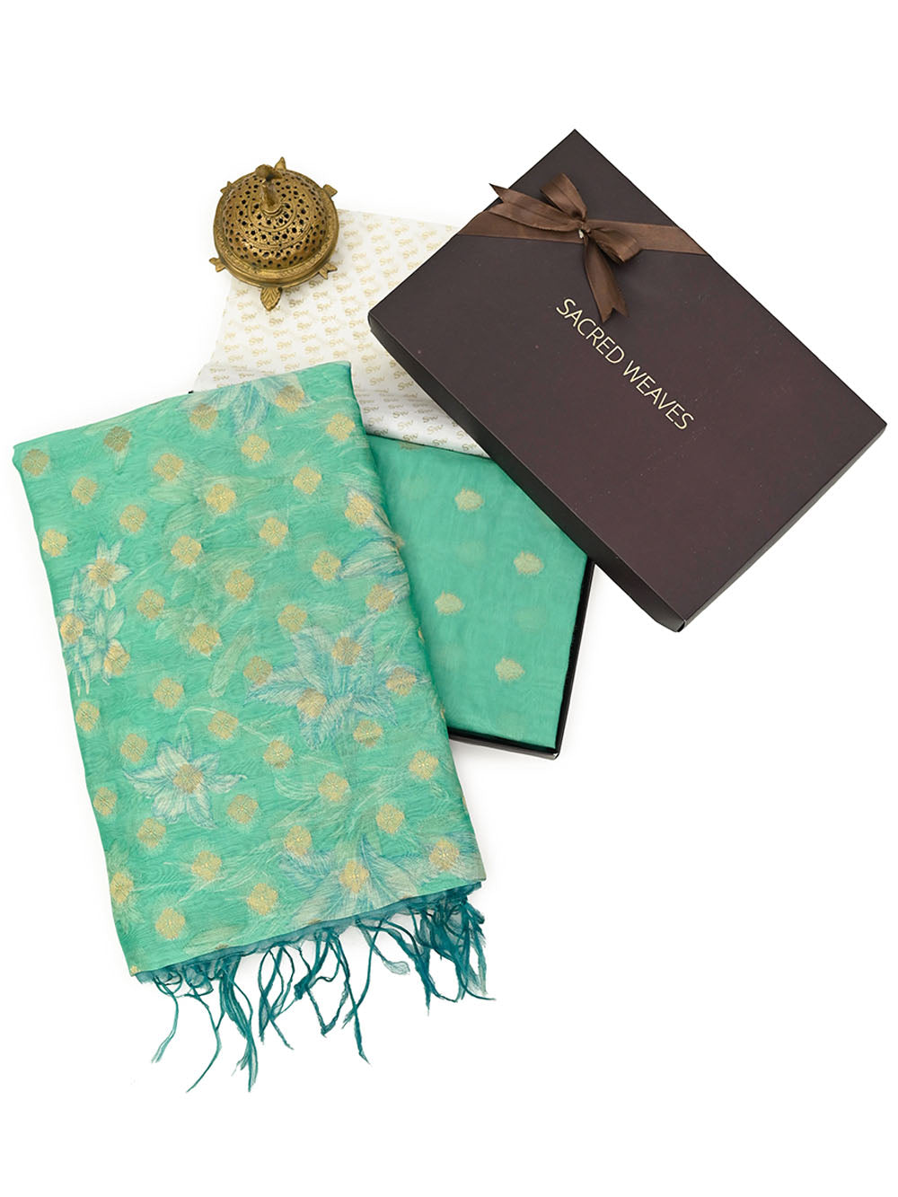 Green Booti Cotton Silk Handloom Banarasi Suit - Gift Box - Sacred Weaves