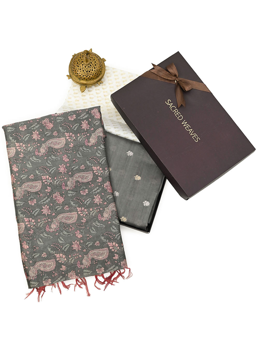 Dark Grey Booti Cotton Silk Handloom Banarasi Suit - Sacred Weaves