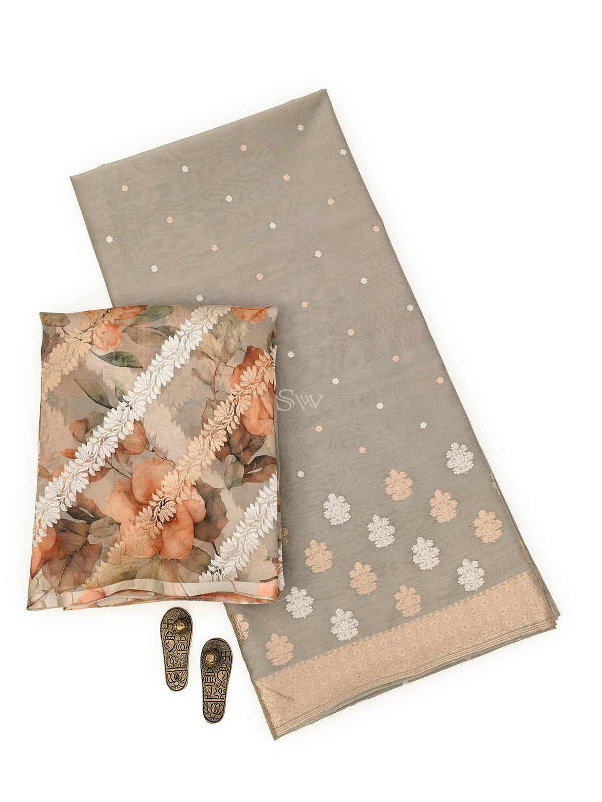 Grey Booti Cotton Silk Handloom Banarasi Suit