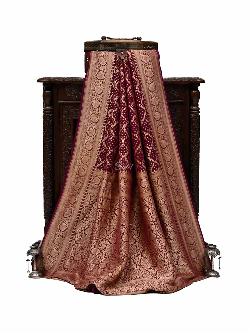 Wine Jaal Khaddi Georgette Handloom Banarasi Saree - Sacred Weaves