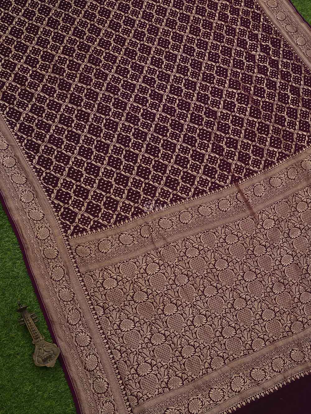 Wine Jaal Khaddi Georgette Handloom Banarasi Saree - Sacred Weaves