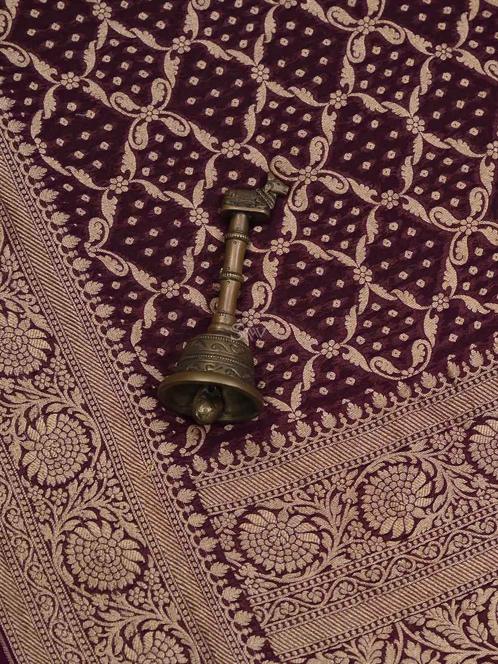 Wine Jaal Khaddi Georgette Handloom Banarasi Saree - Sacred Weaves