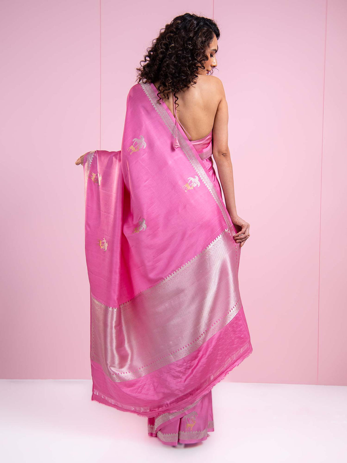 Pink Shikargah Boota Satin Silk Handloom Banarasi Saree - Sacred Weaves