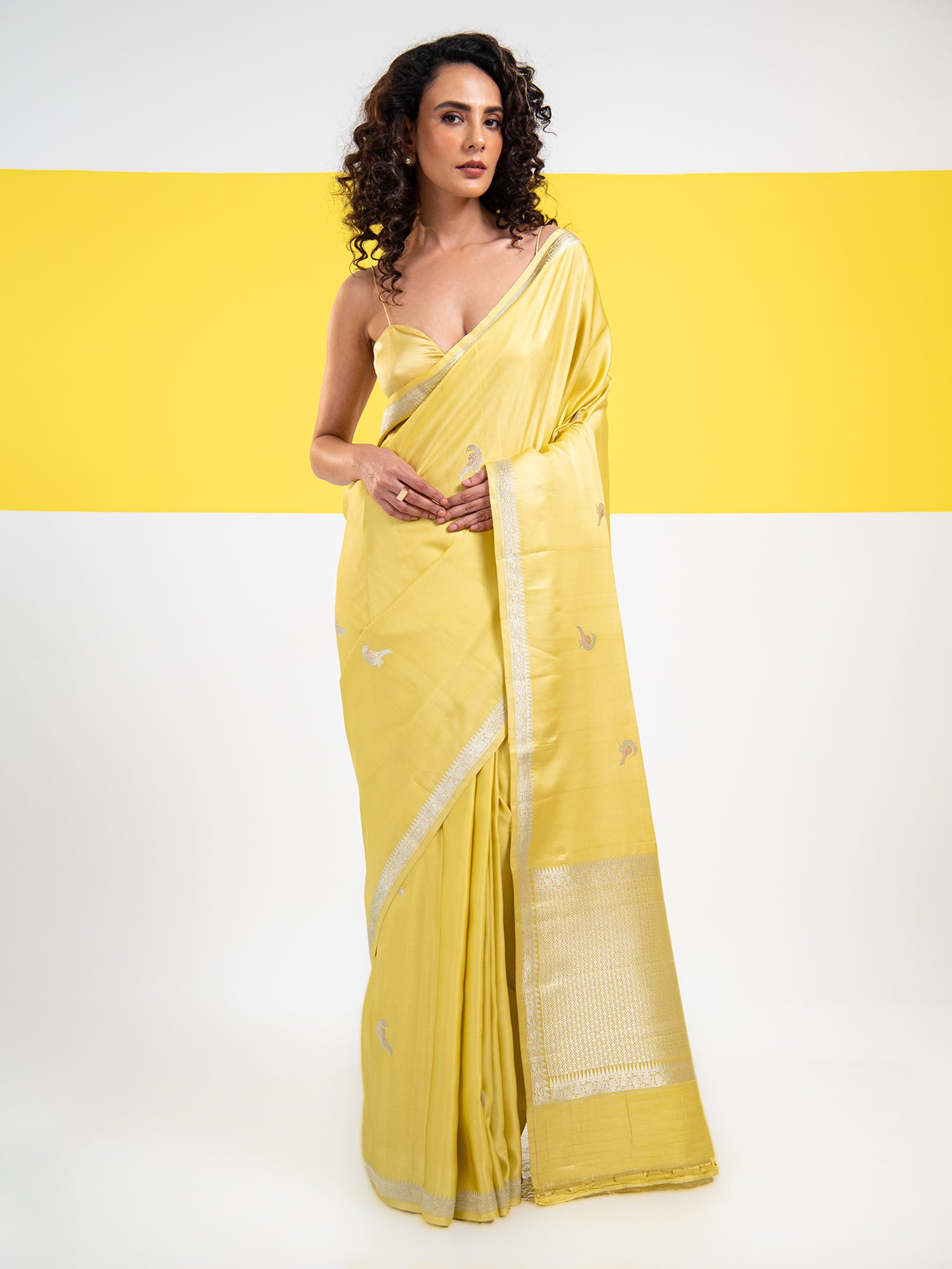 Lime Yellow Shikargah Boota Satin Silk Handloom Banarasi Saree - Sacred Weaves