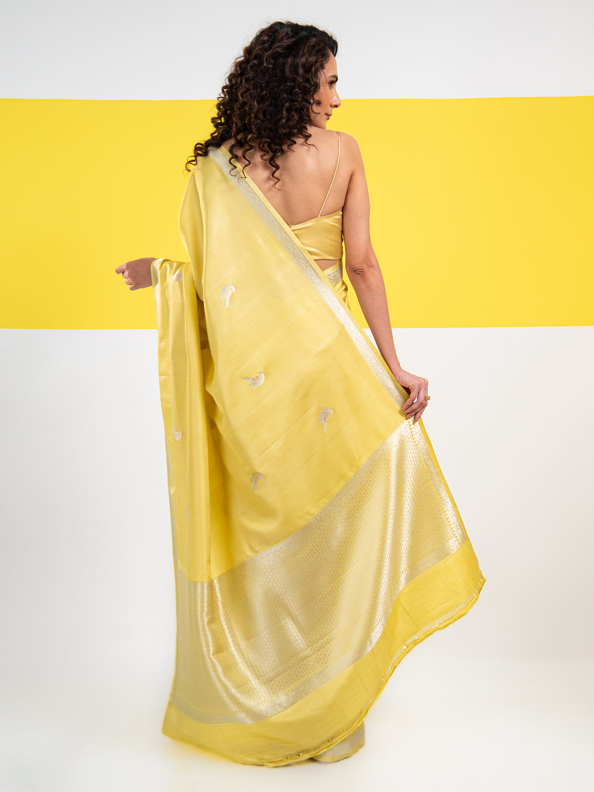 Lime Yellow Shikargah Boota Satin Silk Handloom Banarasi Saree - Sacred Weaves