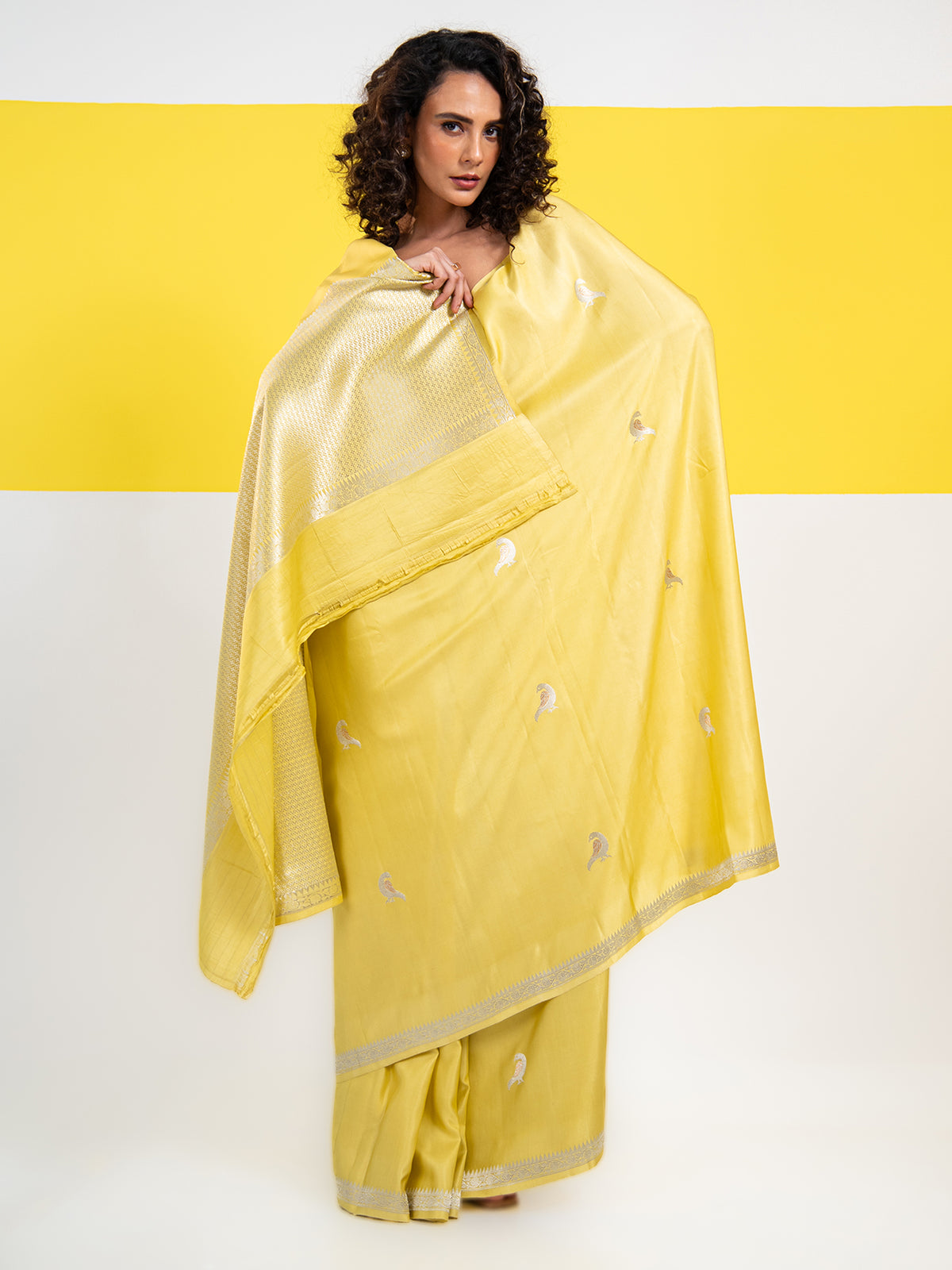 Lime Yellow Shikargah Boota Satin Silk Handloom Banarasi Saree - Sacred Weaves