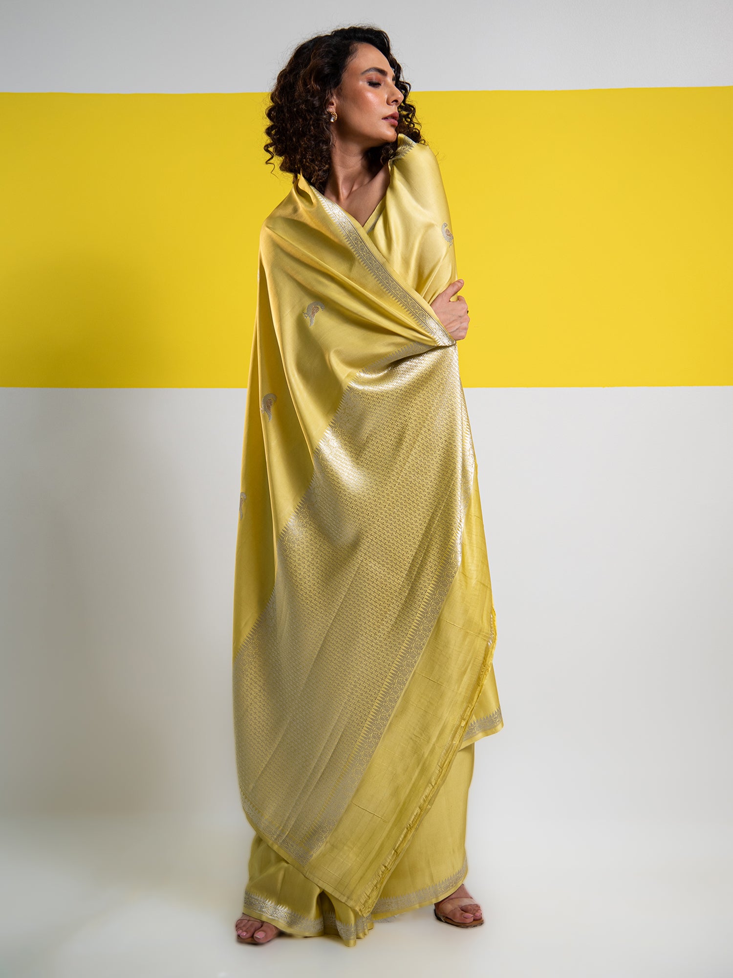 Lime Yellow Shikargah Boota Satin Silk Handloom Banarasi Saree - Sacred Weaves