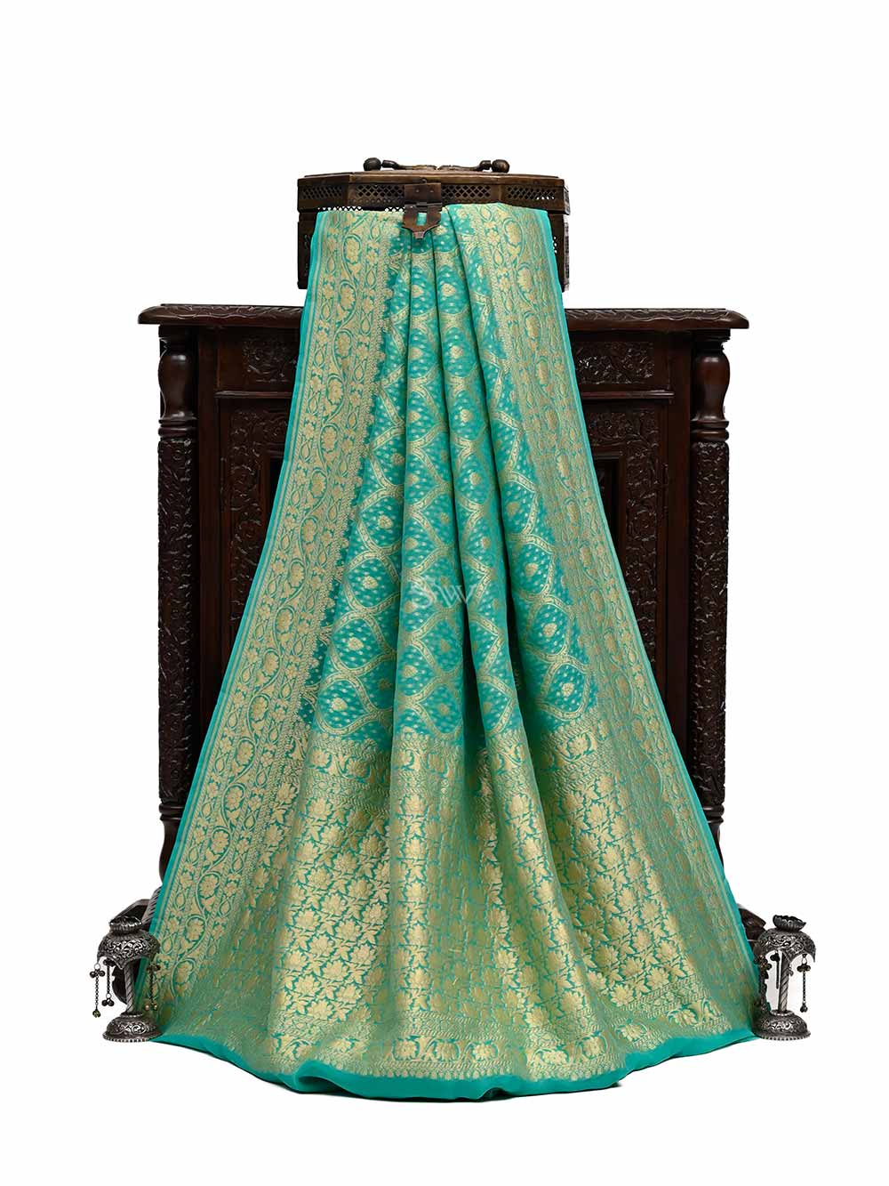 Sea Green Jaal Khaddi Georgette Handloom Banarasi Saree - Sacred Weaves