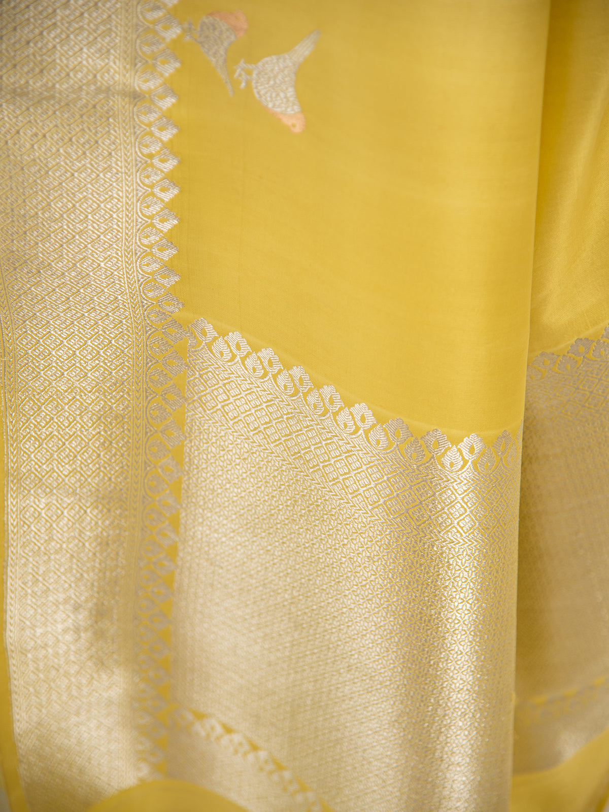 Lime Yellow Shikargah Boota Satin Silk Handloom Banarasi Saree - Sacred Weaves