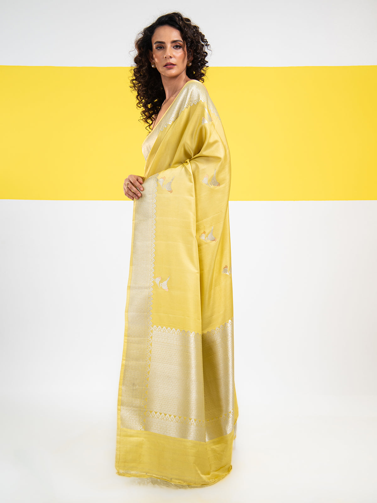 Lime Yellow Shikargah Boota Satin Silk Handloom Banarasi Saree - Sacred Weaves