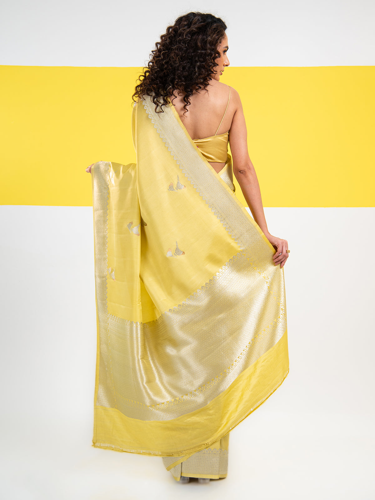 Lime Yellow Shikargah Boota Satin Silk Handloom Banarasi Saree - Sacred Weaves