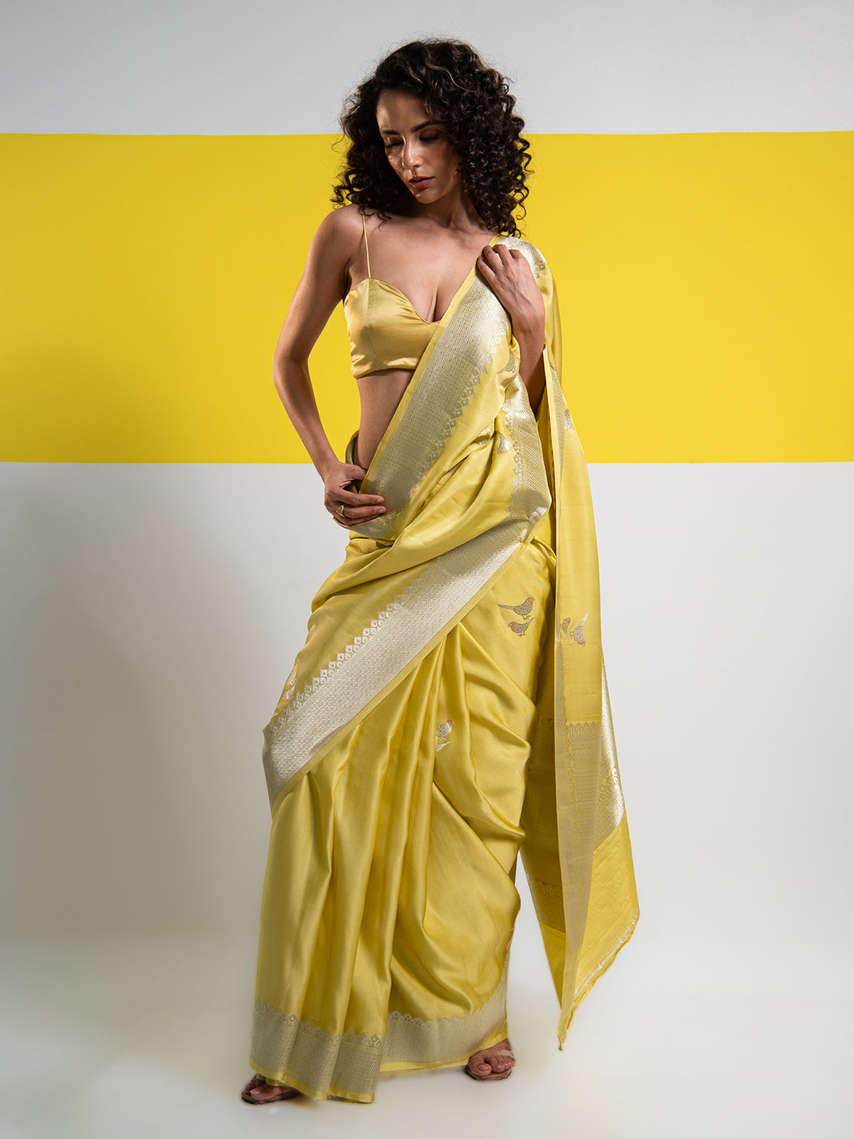 Lime Yellow Shikargah Boota Satin Silk Handloom Banarasi Saree - Sacred Weaves