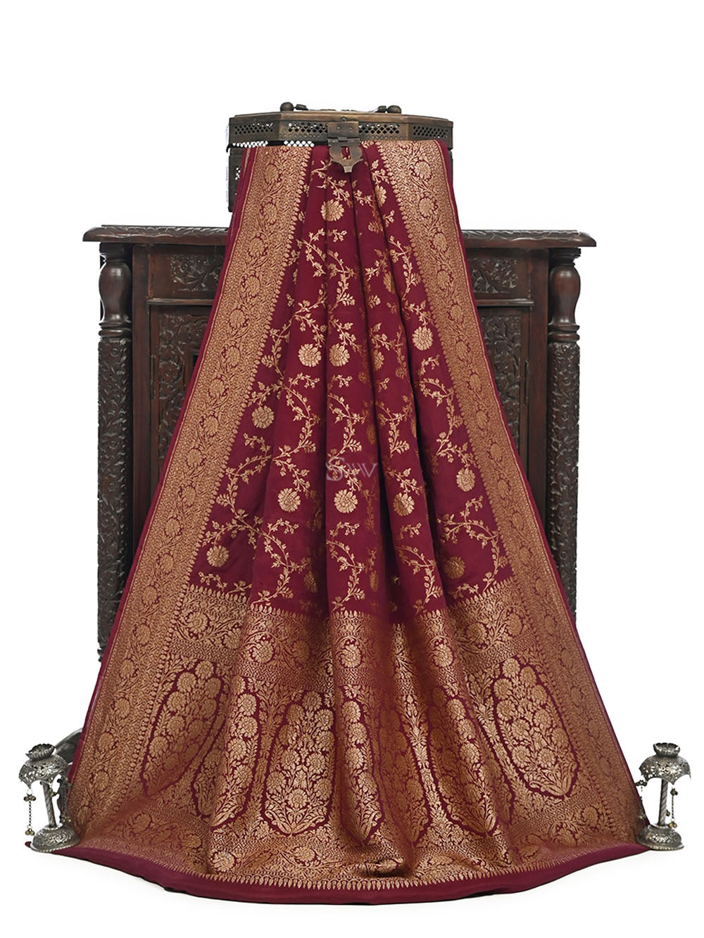 Brown Jaal Crepe Silk Handloom Banarasi Saree - Sacred Weaves