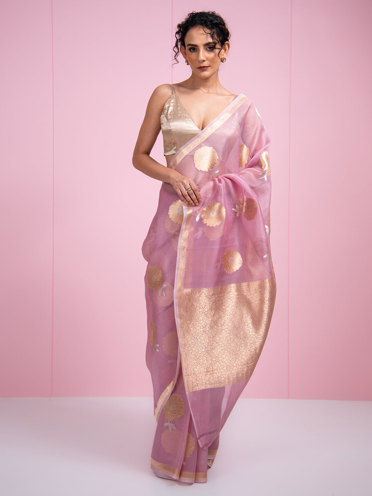 Pastel Pink Boota Organza Handloom Banarasi Saree - Sacred Weaves
