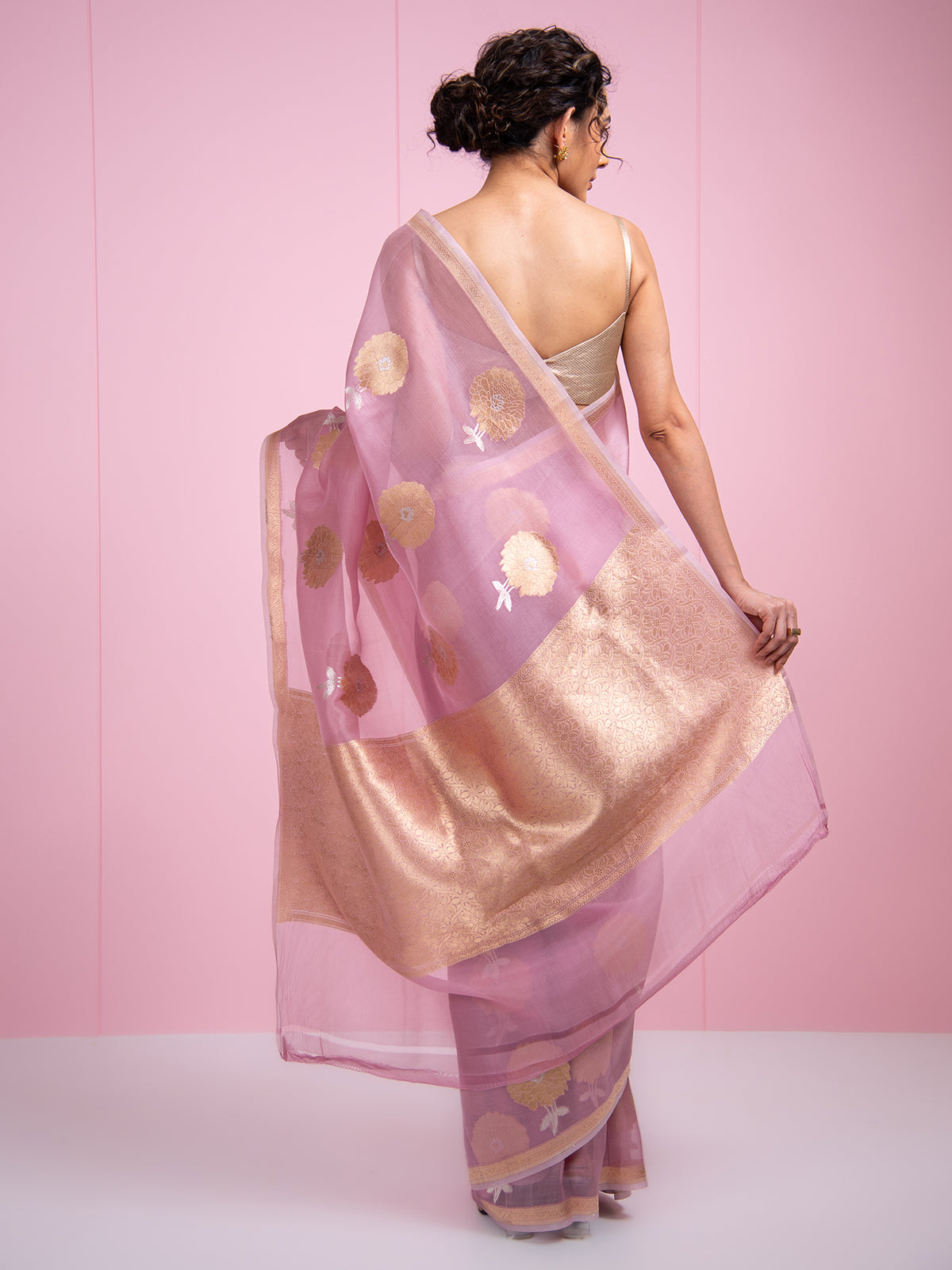 Pastel Pink Boota Organza Handloom Banarasi Saree - Sacred Weaves