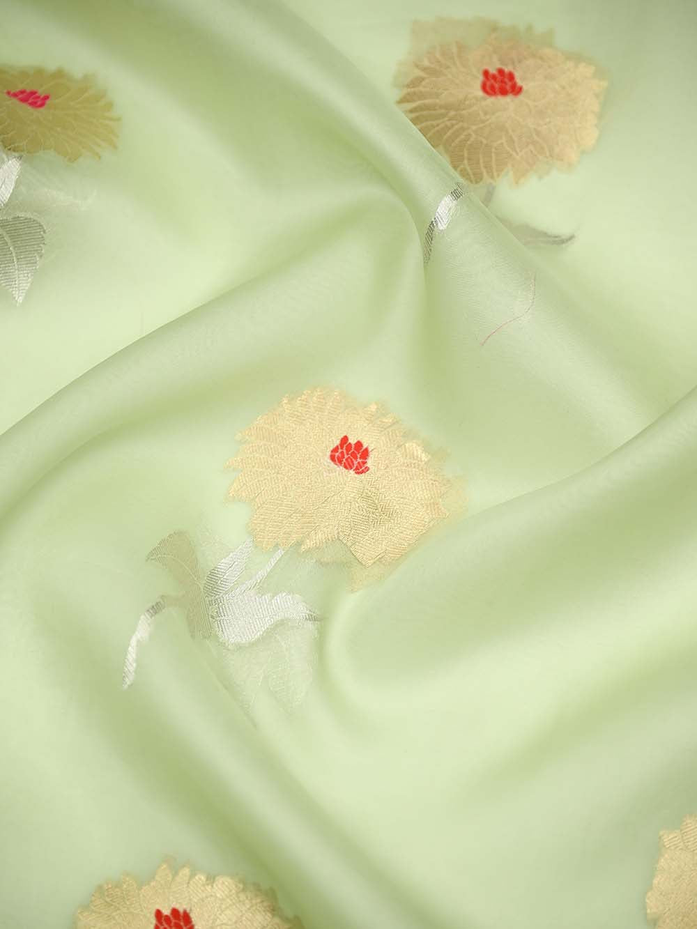 Pastel Pista Green Boota Organza Handloom Banarasi Saree - Sacred Weaves