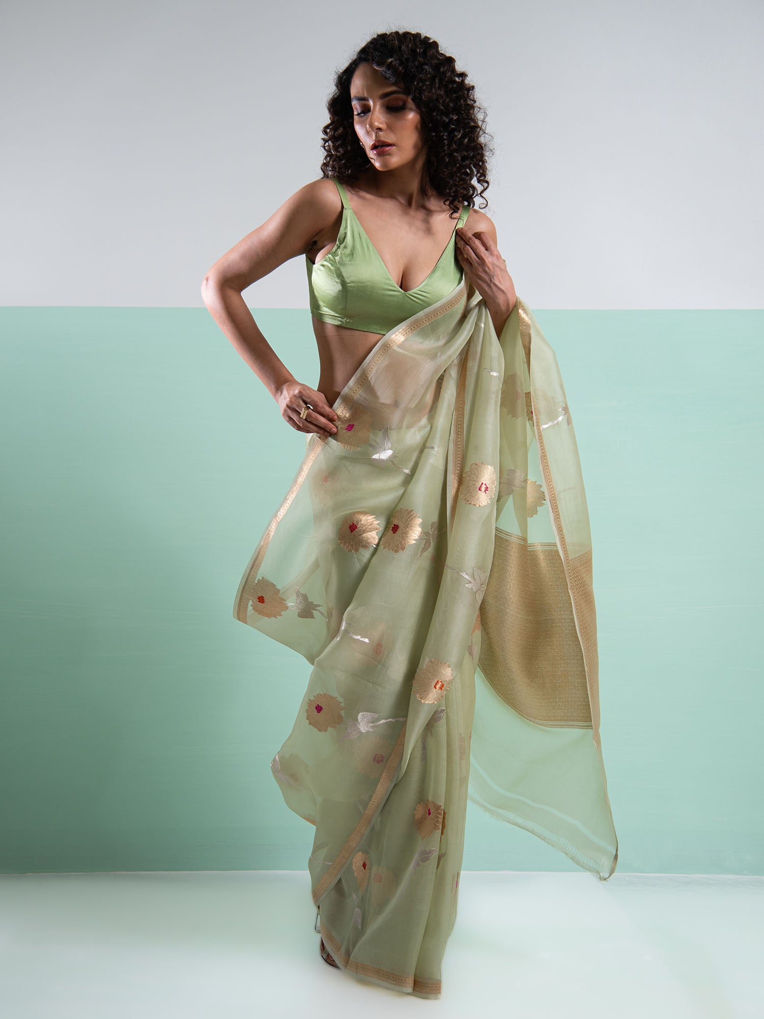 Pastel Pista Green Boota Organza Handloom Banarasi Saree - Sacred Weaves