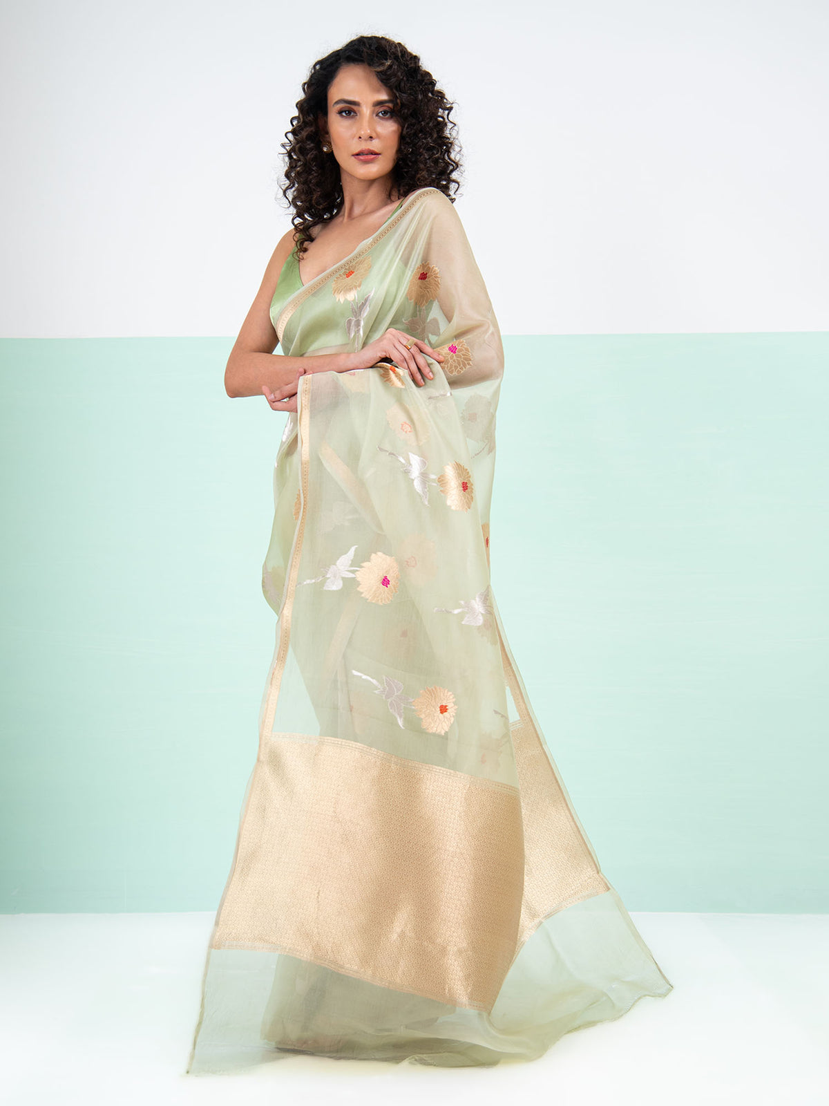 Pastel Pista Green Boota Organza Handloom Banarasi Saree - Sacred Weaves