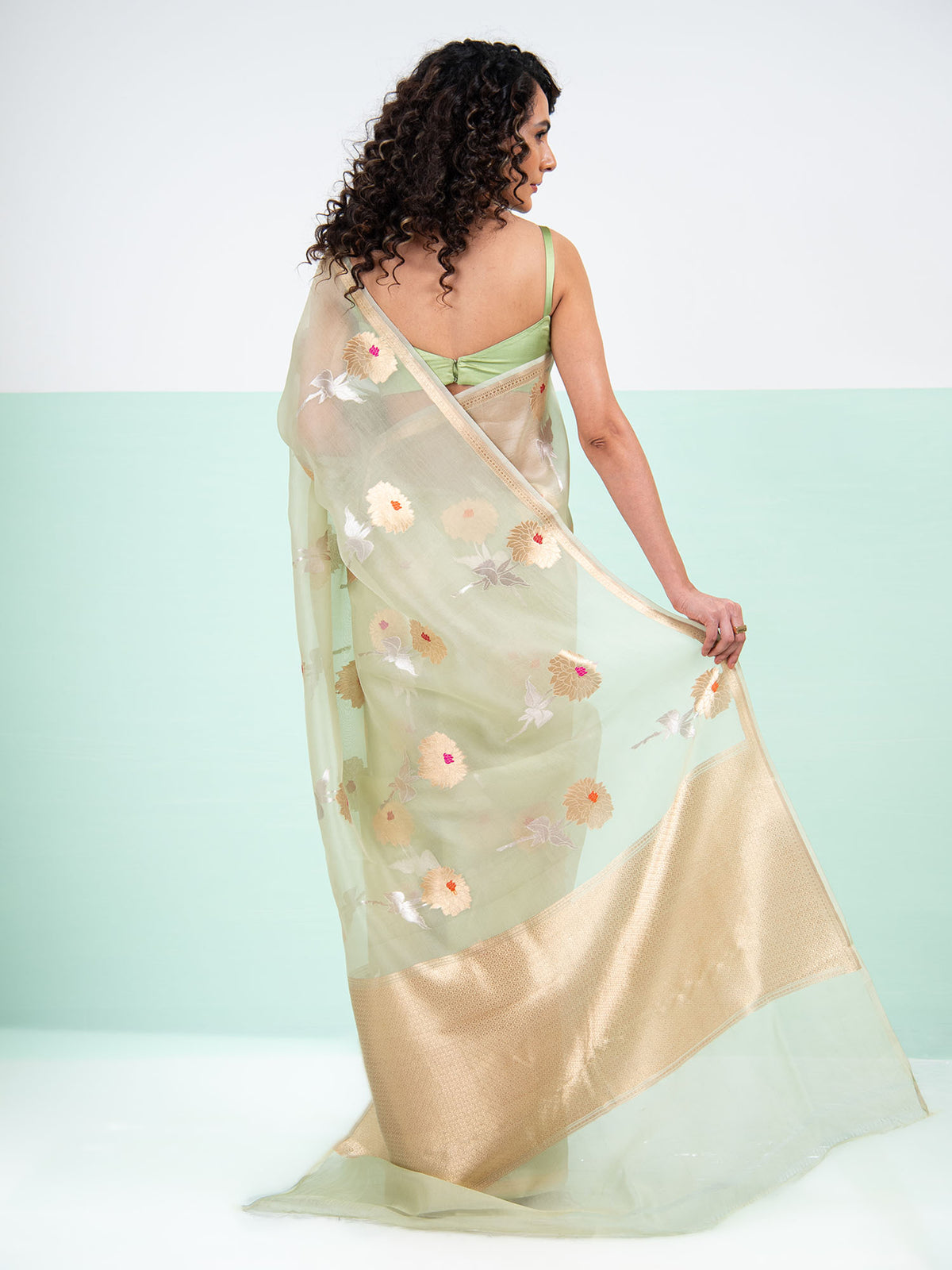 Pastel Pista Green Boota Organza Handloom Banarasi Saree - Sacred Weaves