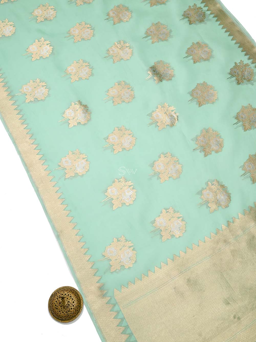 Aqua Green Boota Organza Handloom Banarasi Saree - Sacred Weaves