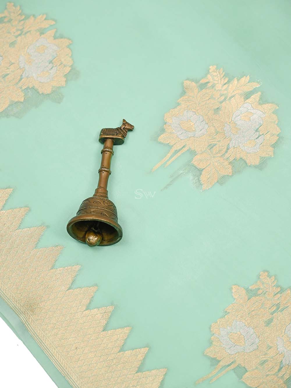 Aqua Green Boota Organza Handloom Banarasi Saree - Sacred Weaves