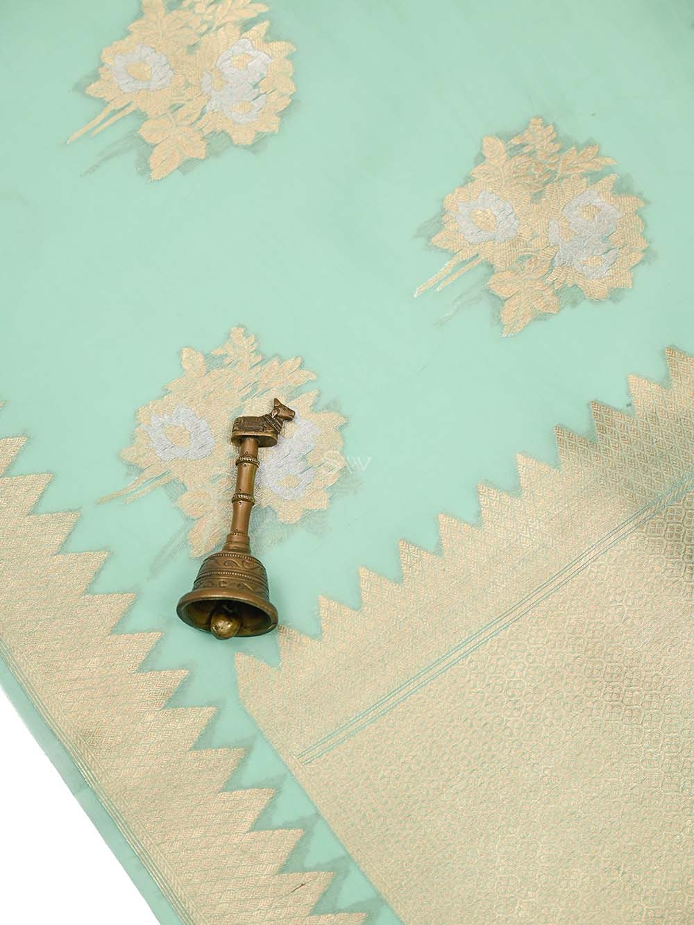 Aqua Green Boota Organza Handloom Banarasi Saree - Sacred Weaves