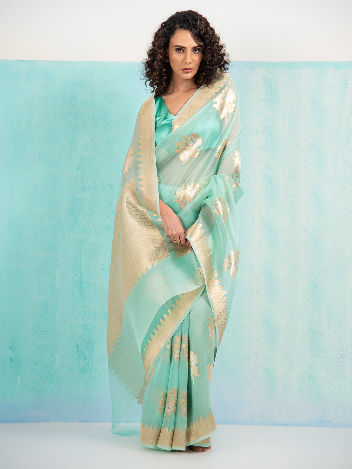 Aqua Green Boota Organza Handloom Banarasi Saree - Sacred Weaves
