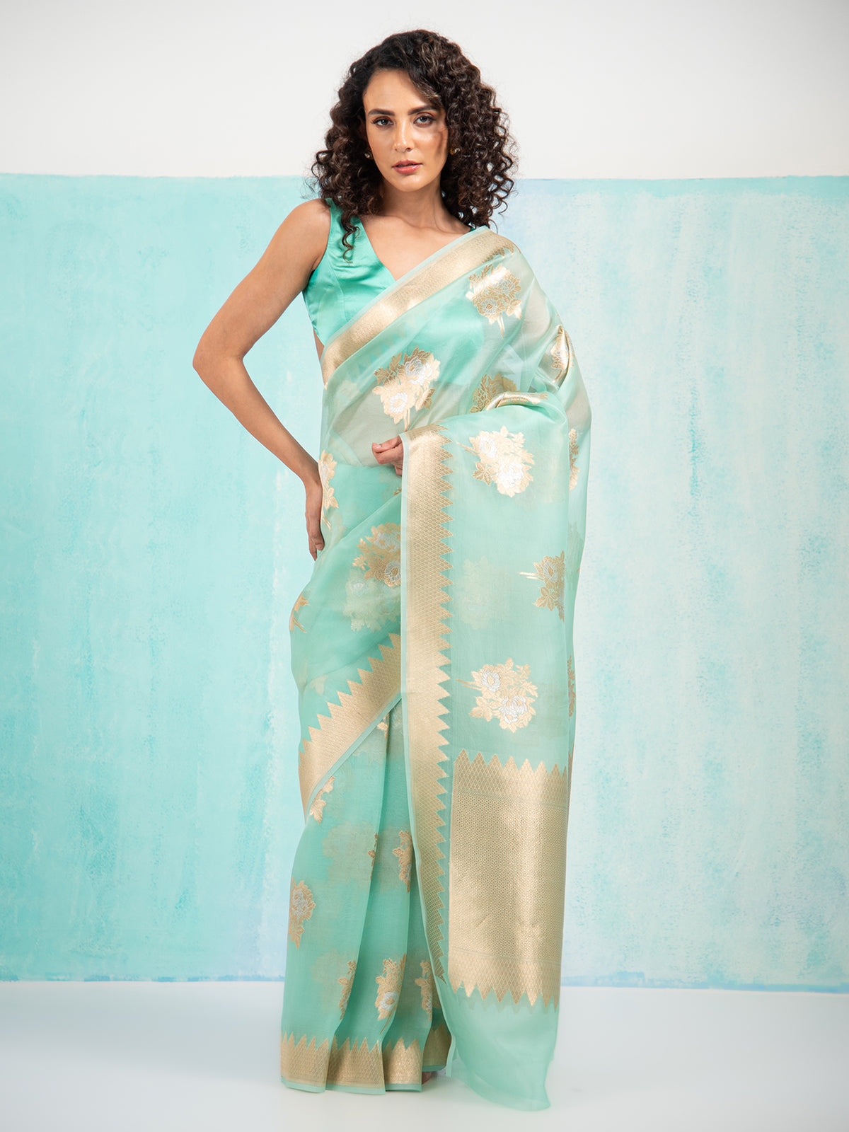 Aqua Green Boota Organza Handloom Banarasi Saree - Sacred Weaves
