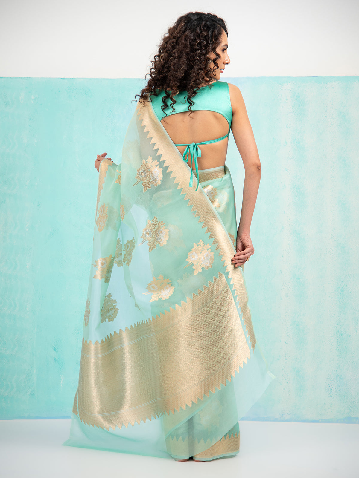 Aqua Green Boota Organza Handloom Banarasi Saree - Sacred Weaves