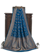 Midnight Blue Jaal Crepe Silk Handloom Banarasi Saree - Sacred Weaves