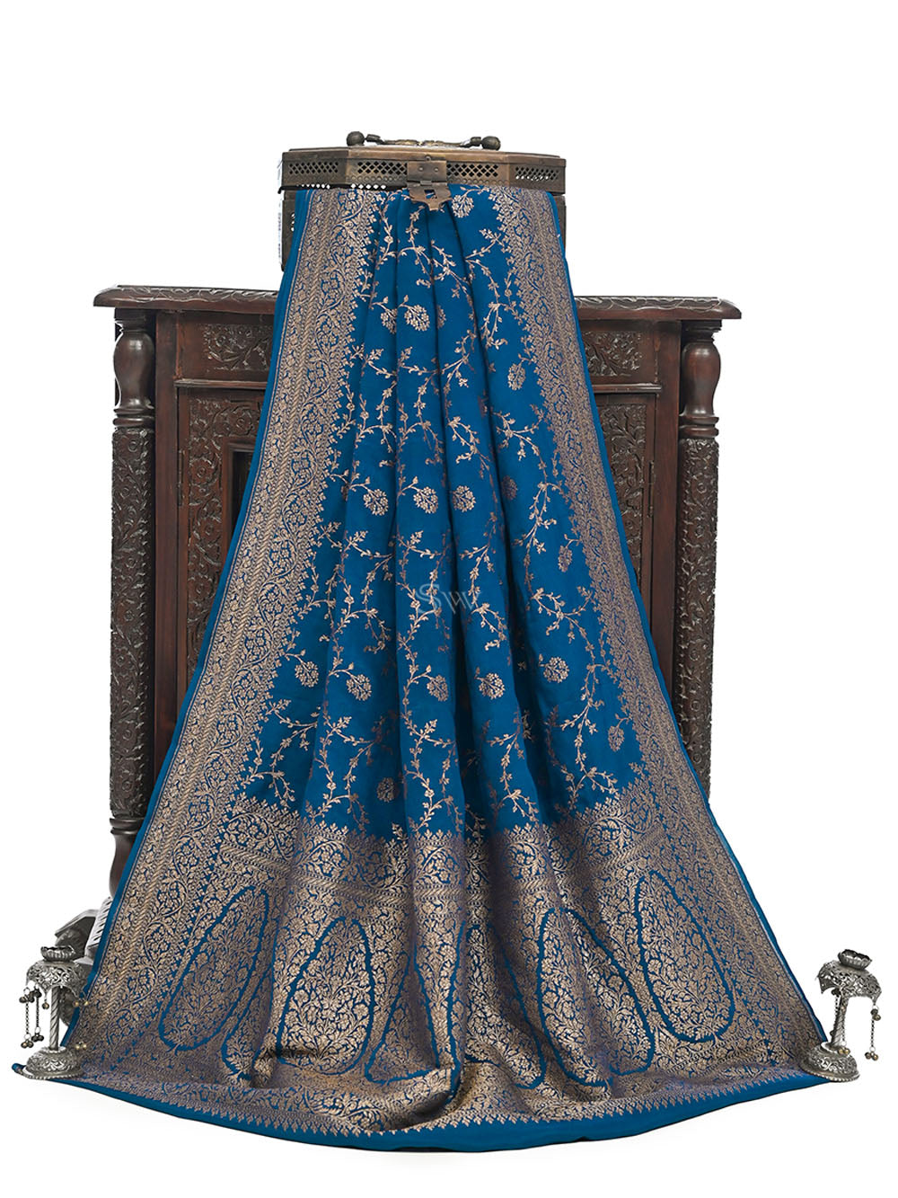 Midnight Blue Jaal Crepe Silk Handloom Banarasi Saree - Sacred Weaves