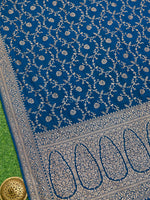 Midnight Blue Jaal Crepe Silk Handloom Banarasi Saree - Sacred Weaves