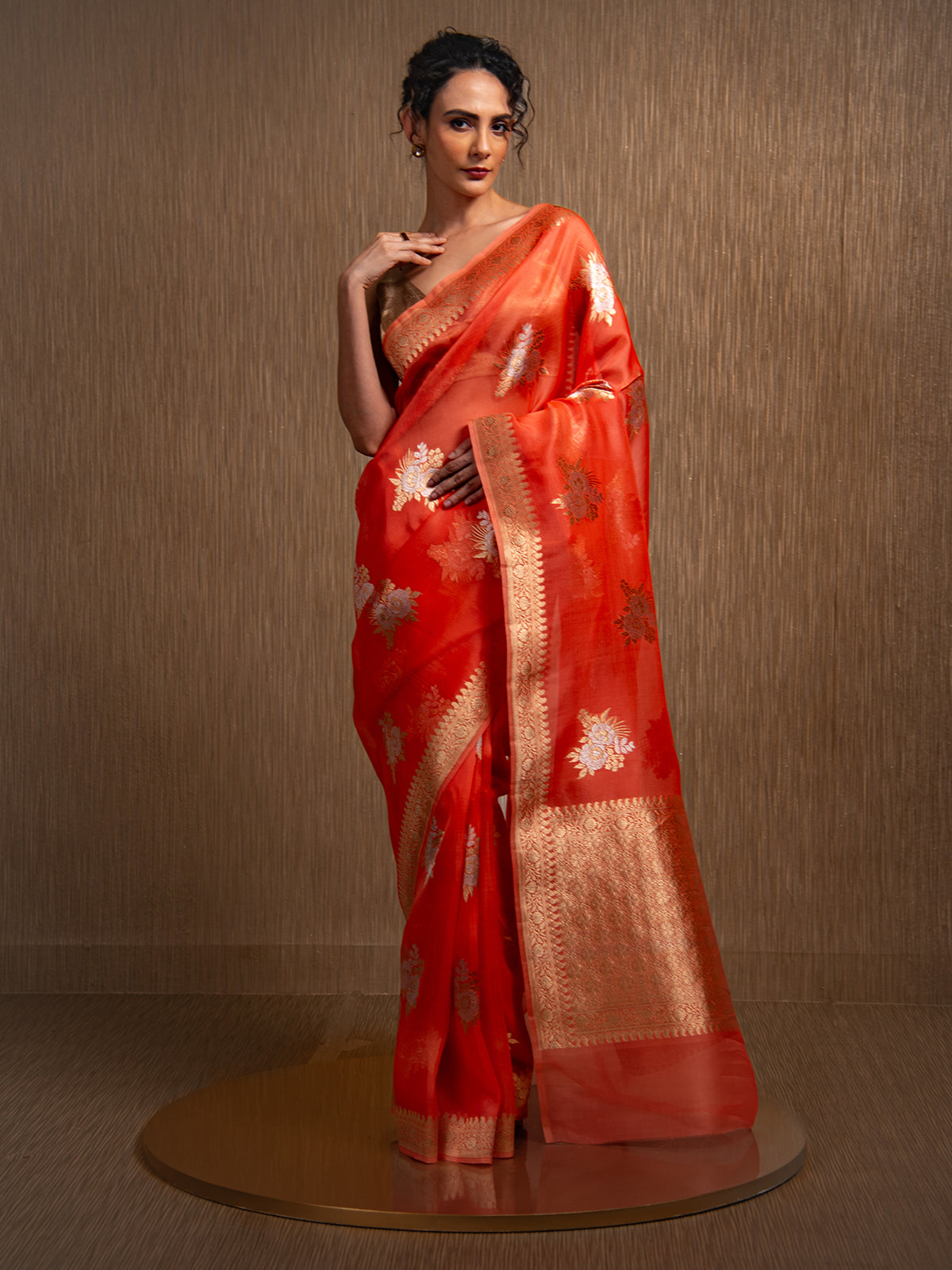 Orange Boota Organza Handloom Banarasi Saree - Sacred Weaves