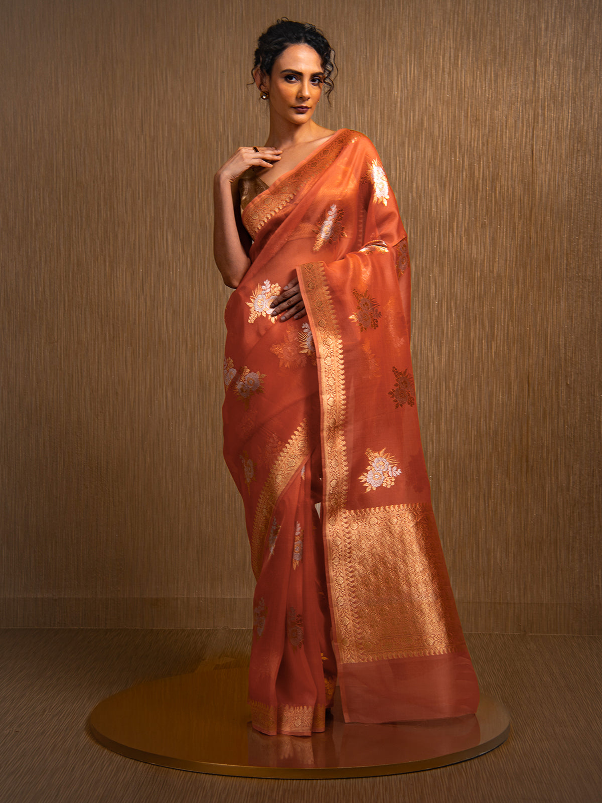 Orange Boota Organza Handloom Banarasi Saree