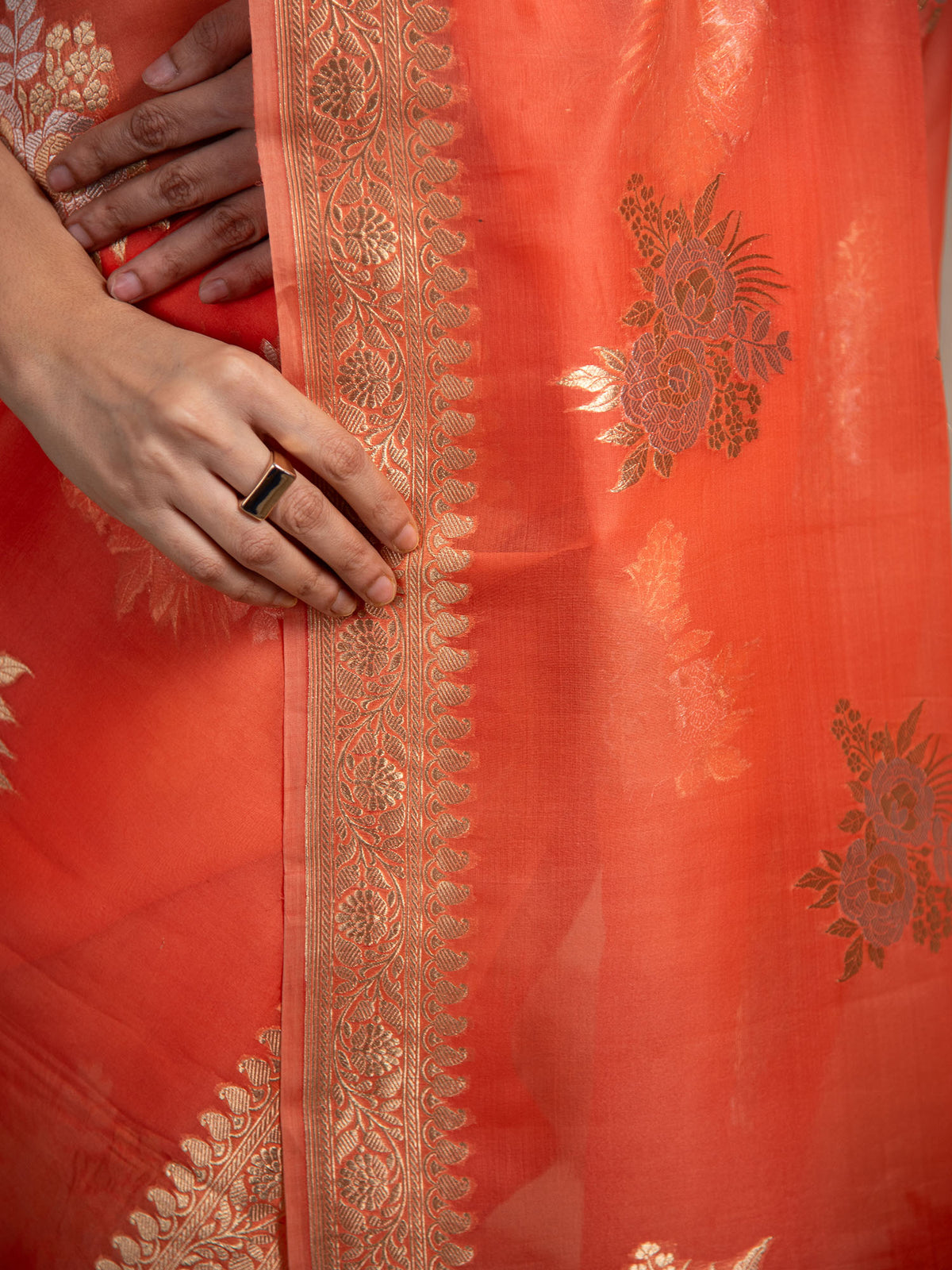 Orange Boota Organza Handloom Banarasi Saree - Sacred Weaves