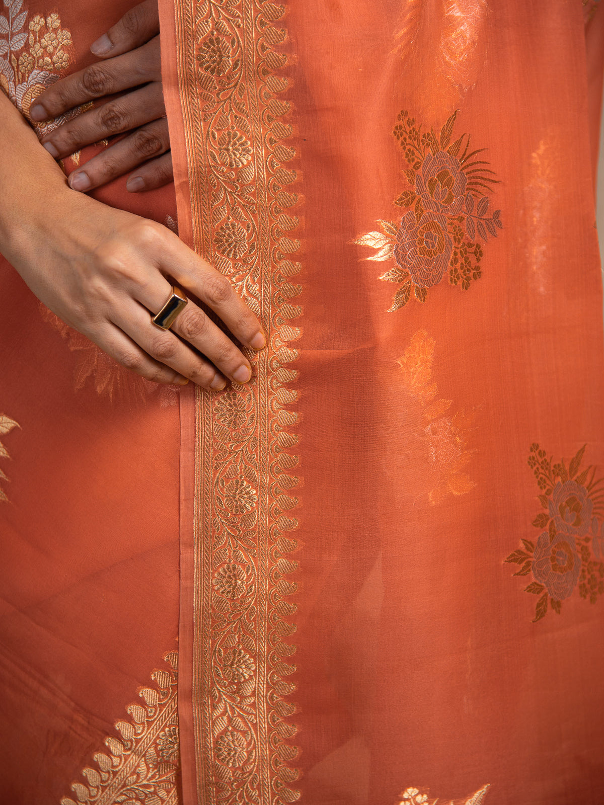 Orange Boota Organza Handloom Banarasi Saree