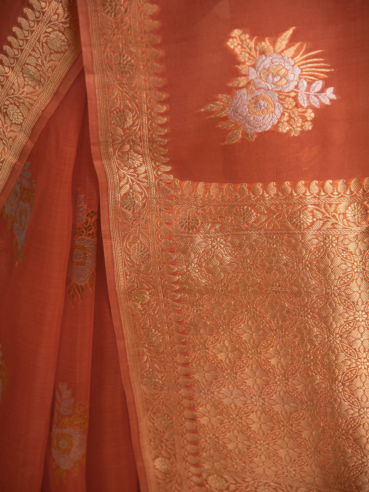 Orange Boota Organza Handloom Banarasi Saree